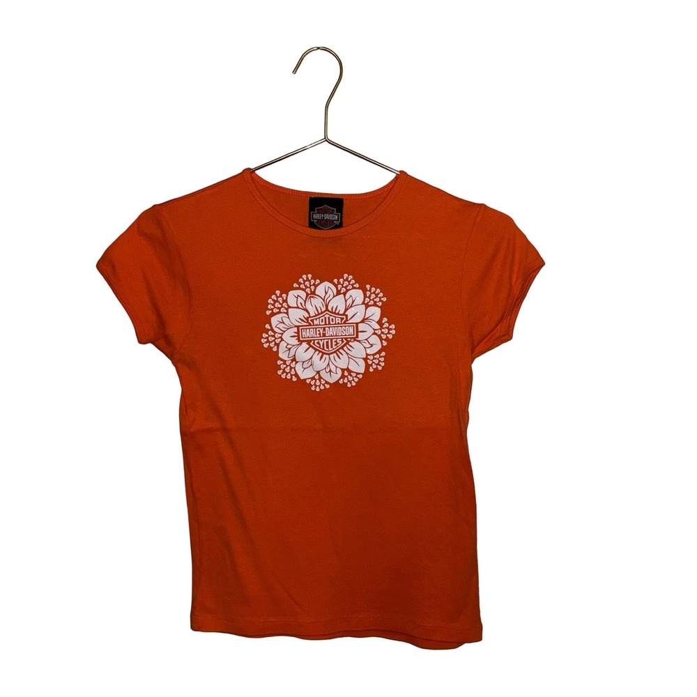 Harley Davidson Womans Orange Floral Babydoll Tee Honolulu HI Graphic T-Shirt M